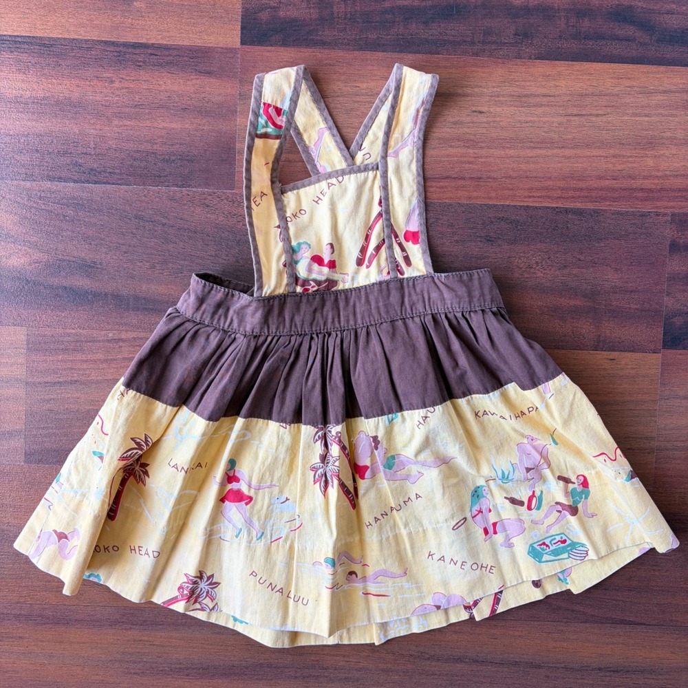 Custom Made Hawaiian Map Print Pinafore Dress Yellow Brown Kids 9-12 Months